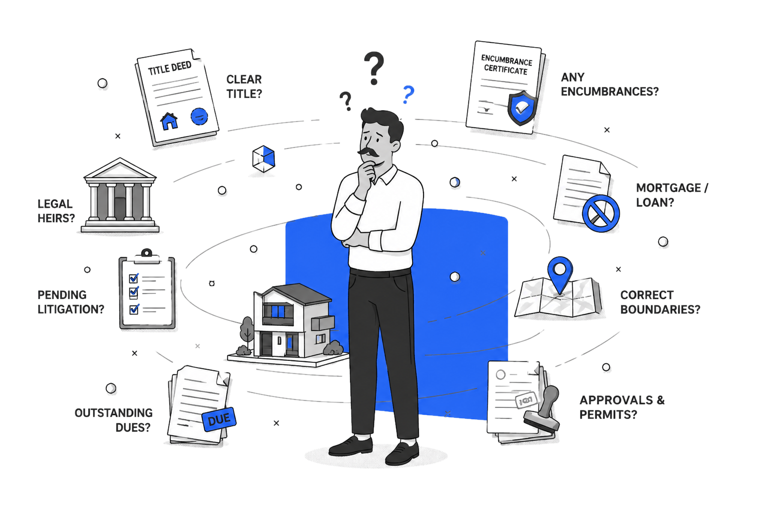 Illustration of a buyer surrounded by the questions a property title raises — clear title, encumbrances, mortgage, boundaries, approvals, legal heirs, pending litigation, and outstanding dues.